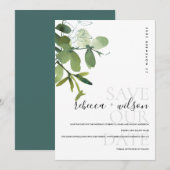 WATERVERF ELEGANT MODERN GREEN WHITE EUCALYPTUS SAVE THE DATE (Voorkant / Achterkant)
