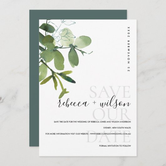 WATERVERF ELEGANT MODERN GREEN WHITE EUCALYPTUS SAVE THE DATE (Voorkant / Achterkant)