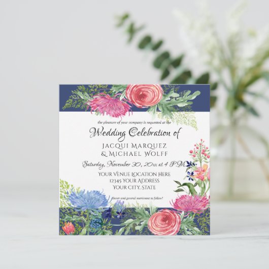 Waterverf Elegant Navy Blue n Pink Fern Bloemen Kaart (Staand voorkant)