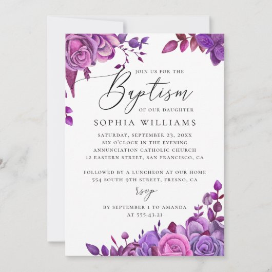 Waterverf Elegant paarse roze bloemendoop Kaart (Voorkant)