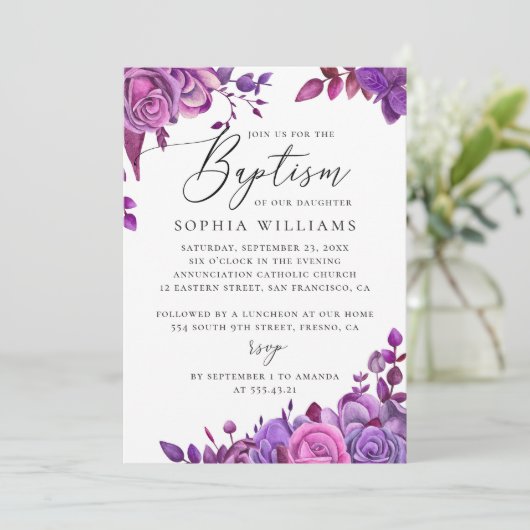 Waterverf Elegant paarse roze bloemendoop Kaart (Staand voorkant)