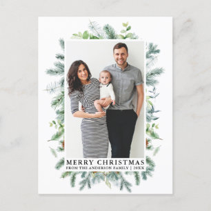 Waterverf Elegant Pine Lijst Familie Kerst Briefkaart