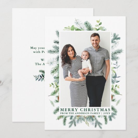 Waterverf Elegant Pine Lijst Green Feestdagenkaart (Voorkant / Achterkant)