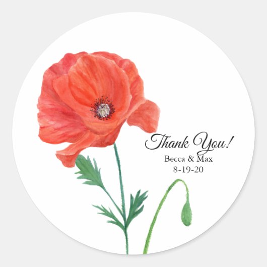 Waterverf Elegant Poppy Wedding Bedankt Ronde Sticker (Voorkant)