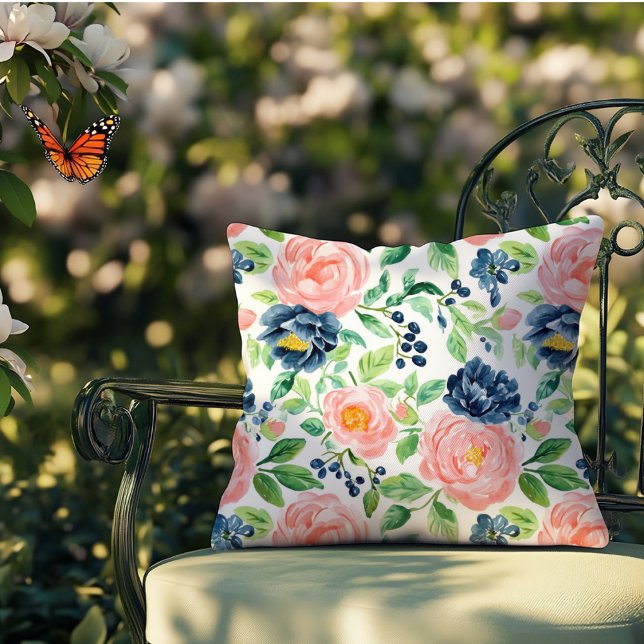 Waterverf Elegant Roze Blauw Bloemen Indoor Outdoo Kussen (Creator heeft geüpload)