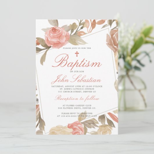 Waterverf Elegant Roze Bloemen Doop Kaart (Staand voorkant)