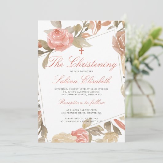 Waterverf Elegant Roze Bloemen doopsel Kaart (Staand voorkant)