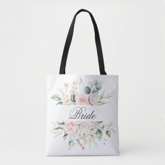 Waterverf Elegant roze Blush Floral Bride Script Tote Bag (Voorkant)