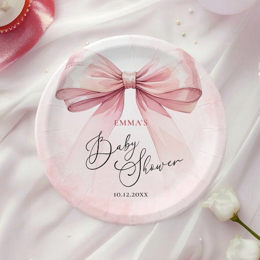 Waterverf Elegant Roze Bow Baby shower Papieren Bordje