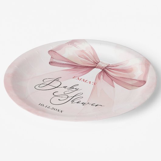 Waterverf Elegant Roze Bow Baby shower Papieren Bordje (Gekanteld)