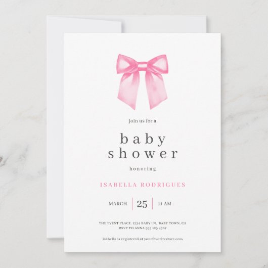 Waterverf Elegant Roze Bow Baby shower Uitnodiging (Voorkant)