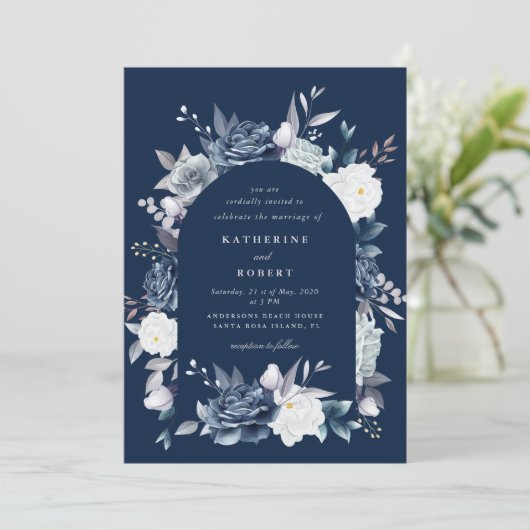 waterverf Elegant Stoffig Blauw Bloemen Bruiloft Kaart (Staand voorkant)