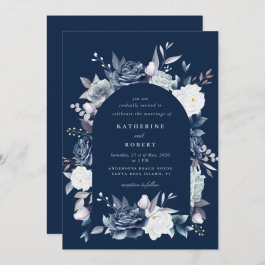 waterverf Elegant Stoffig Blauw Bloemen Bruiloft Kaart (Voorkant / Achterkant)