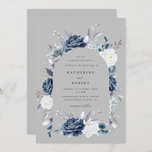 waterverf Elegant Stoffig Blauw Bloemen Bruiloft Kaart (Voorkant / Achterkant)