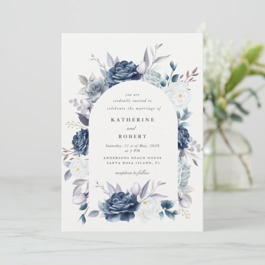 waterverf Elegant Stoffig Blauw Bloemen Bruiloft Kaart (Staand voorkant)