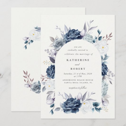 waterverf Elegant Stoffig Blauw Bloemen Bruiloft Kaart (Voorkant / Achterkant)