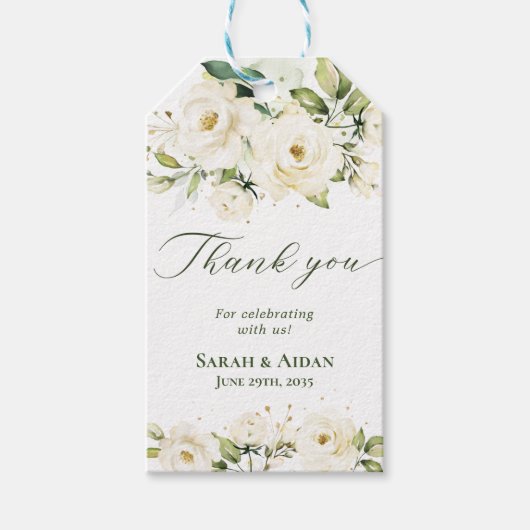 Waterverf Elegant White Rose Floral Hartelijk dank Cadeaulabel (Voorkant)