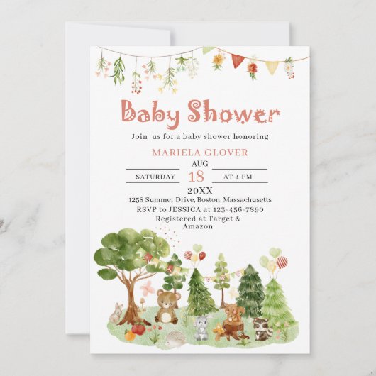 Waterverf Elegant Woodland Party Baby shower Kaart (Voorkant)