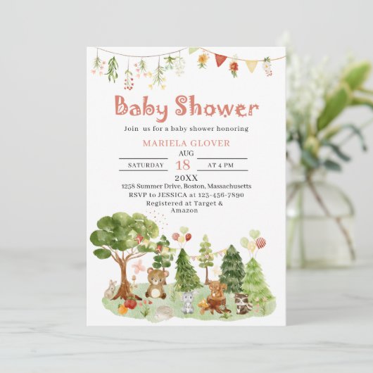 Waterverf Elegant Woodland Party Baby shower Kaart (Staand voorkant)