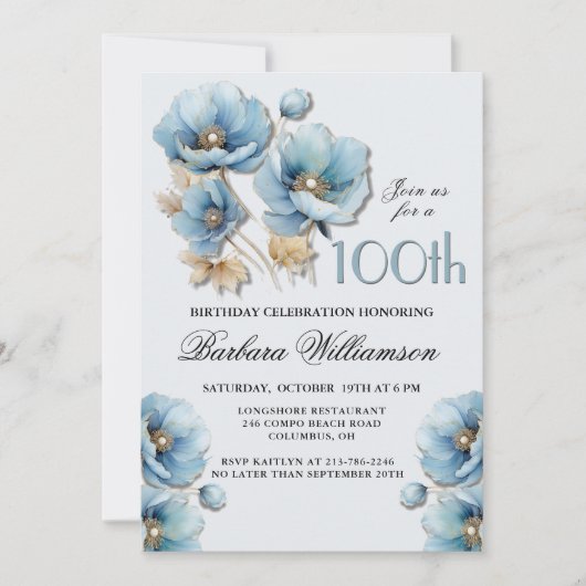 Waterverf Elegante Blauw Gouden Bloem 100ste Verja Kaart (Voorkant)