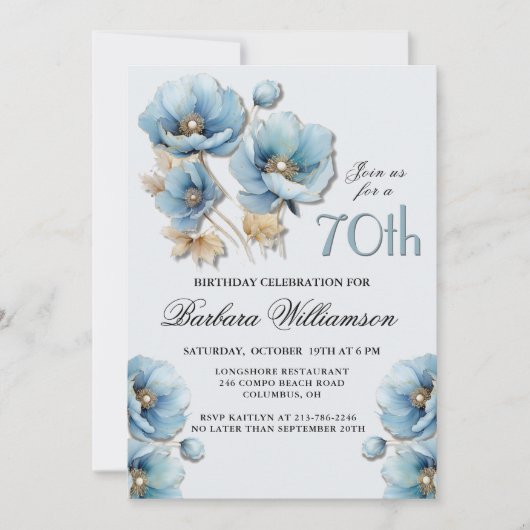 Waterverf Elegante Blauw Gouden Bloem 70ste Verjaa Kaart (Voorkant)