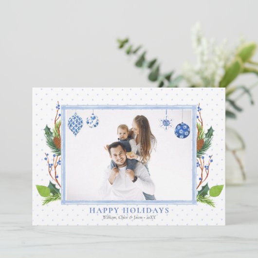 Waterverf Elegante Blauwe Chinoiserie Eén Foto  Feestdagenkaart (Staand voorkant)