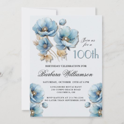 Waterverf Elegante Blauwe Gouden Bloem 100ste Verj Kaart (Voorkant)