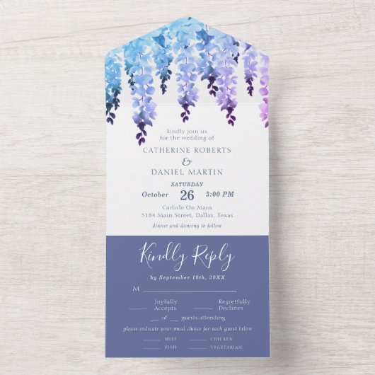 Waterverf Elegante Blauwe Paarse Bloemige Trouwdag All In One Uitnodiging (Binnen)