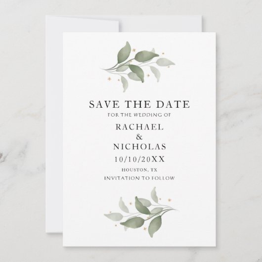 Waterverf Elegante Botanische Groen bruiloft Save The Date (Voorkant)