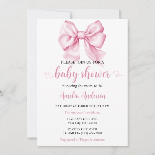 Waterverf Elegante Bow Roze Coquette Baby shower Kaart (Voorkant)