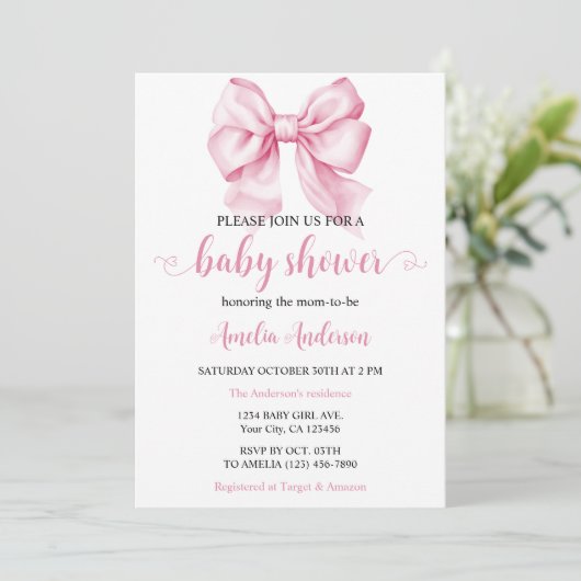 Waterverf Elegante Bow Roze Coquette Baby shower Kaart (Staand voorkant)