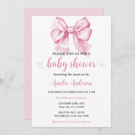 Waterverf Elegante Bow Roze Coquette Baby shower Kaart (Voorkant / Achterkant)