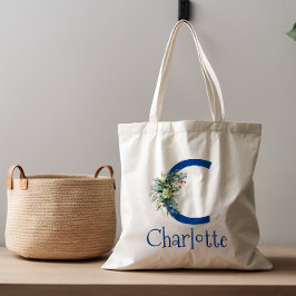 Waterverf elegante letter bloem wit blauw tote bag