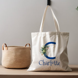 Waterverf elegante letter bloem wit blauw tote bag