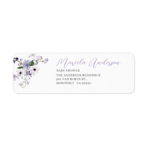 Waterverf Elegante Lila bloemen baby shower Etiket