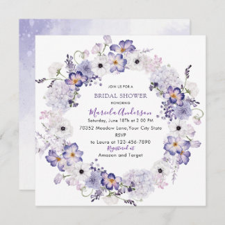 Waterverf elegante lila bloemen bruidsdouche feestdagenkaart