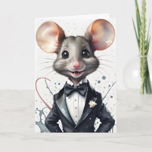 Waterverf Elegante Muis in Smoking Formele Groet Kaart
