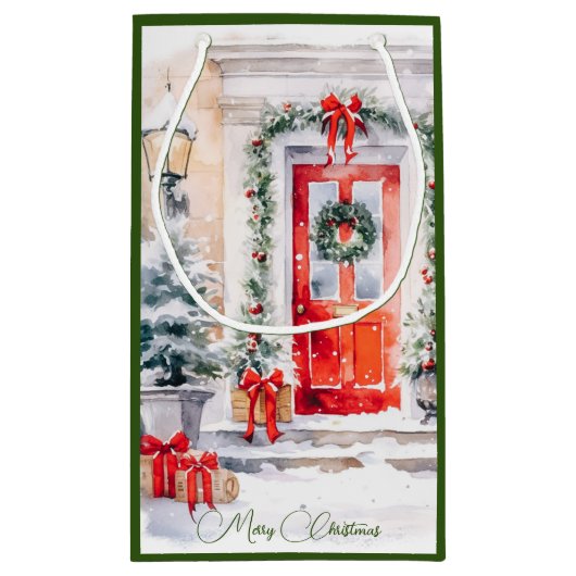 Waterverf Elegante Rode Deur Kerst Klein Cadeauzakje (Achterkant)