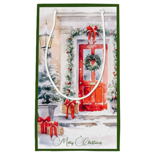 Waterverf Elegante Rode Deur Kerst Klein Cadeauzakje (Voorkant)