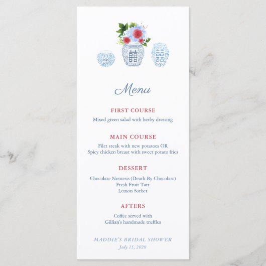 Waterverf Elegante Rode Witte Blauwe Trouw Bruilof Menu (Voorkant)