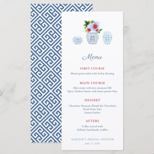 Waterverf Elegante Rood Witte Blauwe Trouw Bruilof Menu (Voorkant / Achterkant)