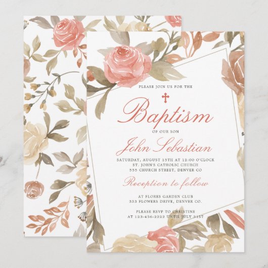 Waterverf Elegante Roze Bloem Doop Kaart (Voorkant / Achterkant)