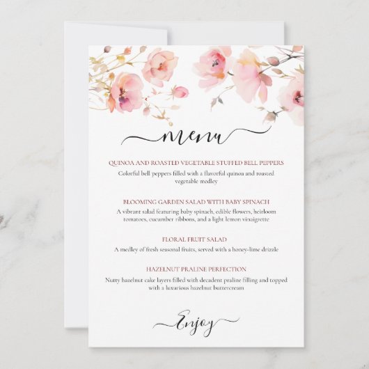 WATERVERF ELEGANTE ROZE BLOEMEN MENU KAART (Voorkant)