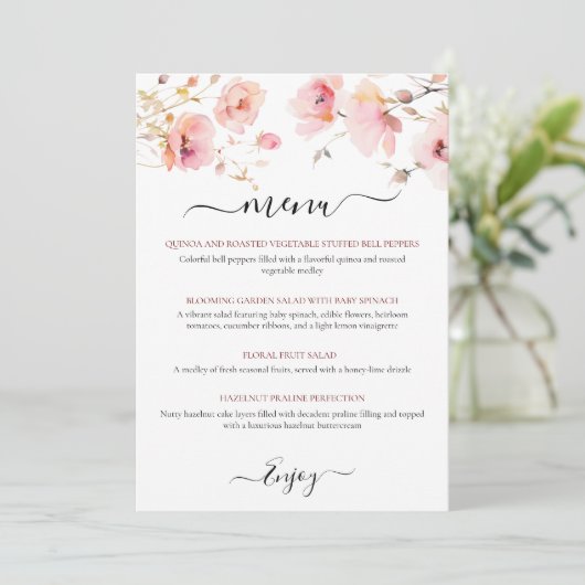 WATERVERF ELEGANTE ROZE BLOEMEN MENU KAART (Staand voorkant)