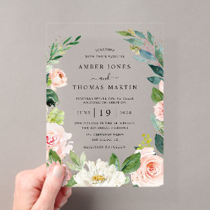 Waterverf Elegante Roze Gouden Bloemige Bruiloft Acryl Uitnodigingen