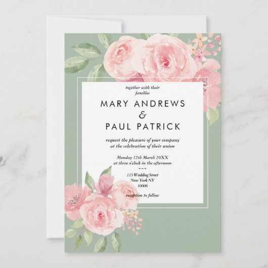 Waterverf elegante roze munt groene bloem bruiloft kaart (Voorkant)