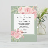 Waterverf elegante roze munt groene bloem bruiloft kaart (Staand voorkant)