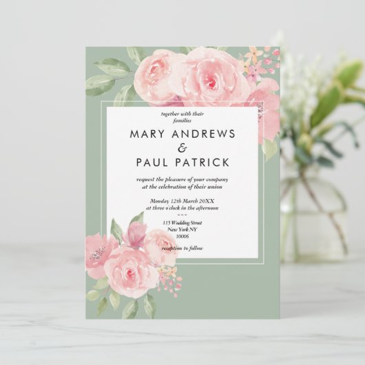 Waterverf elegante roze munt groene bloem bruiloft kaart (Staand voorkant)