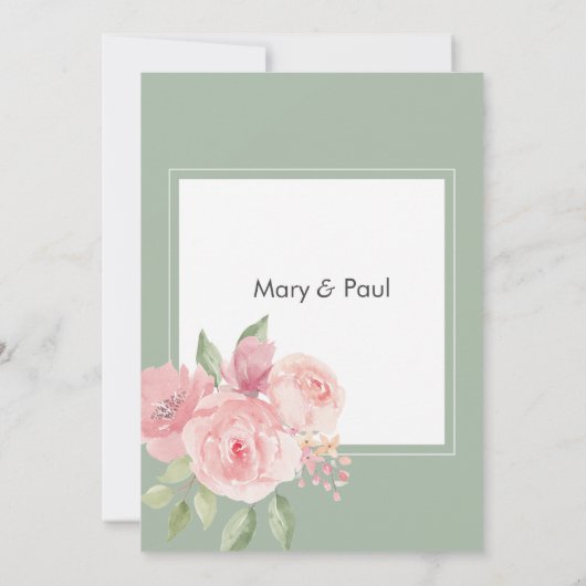 Waterverf elegante roze munt groene bloem bruiloft kaart (Achterkant)