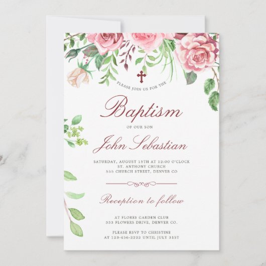 Waterverf Elegante Roze Rozen Tuin Doop Kaart (Voorkant)